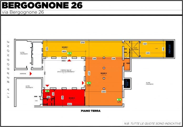 Floor plan of Spazio Bergognone 26 showing the 3 divisible spaces, courtyard and dimensions